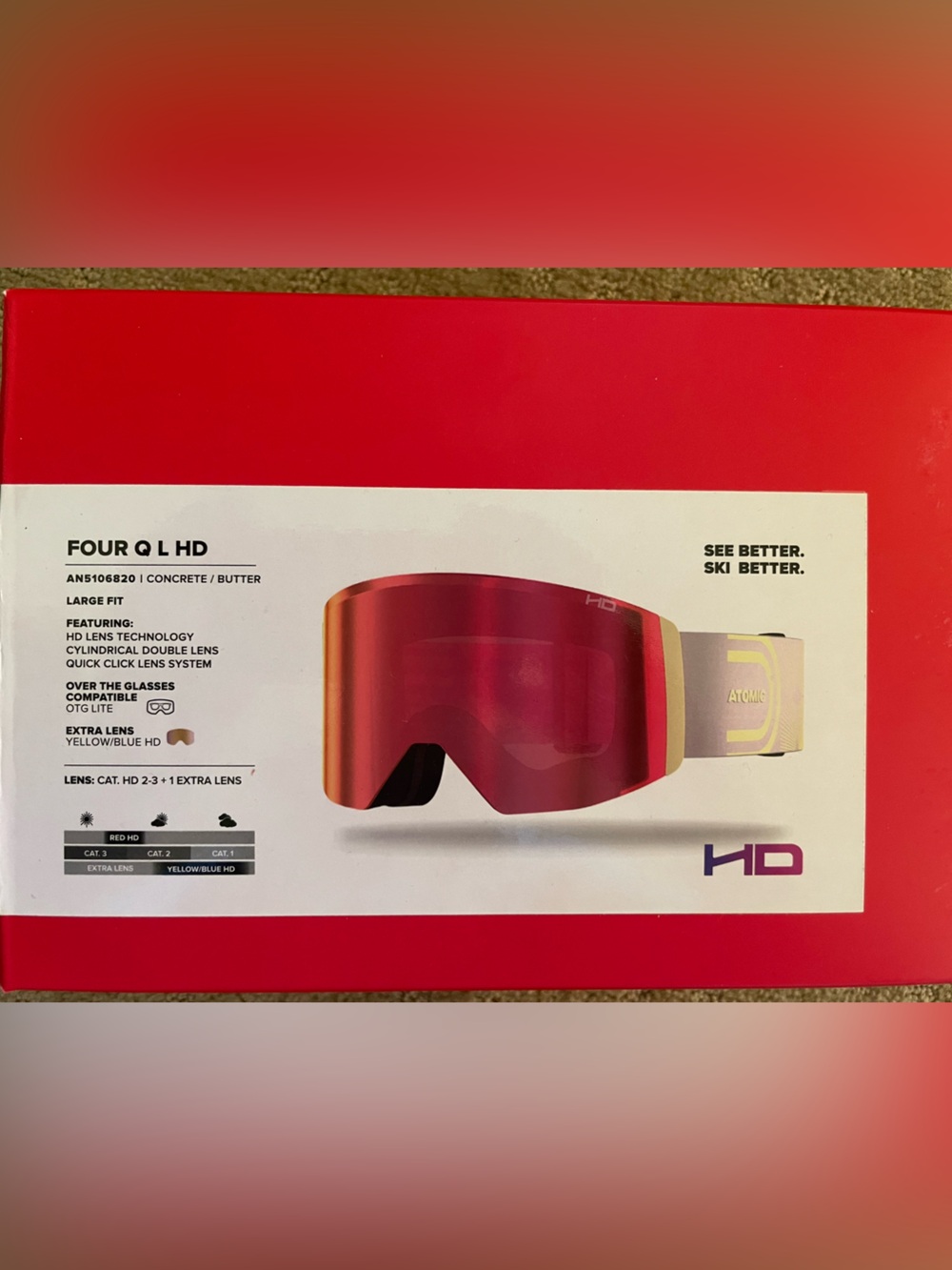 ATOMIC Four Q L HD Ski Goggles - Butter/Concrete w Red Lens; includes extra lens